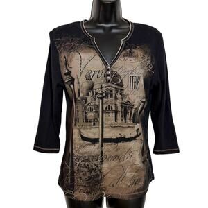 VTG Y2K Blue Canyon Venice Italy Graphic Top Split Neck Glitter Grunge Women XL